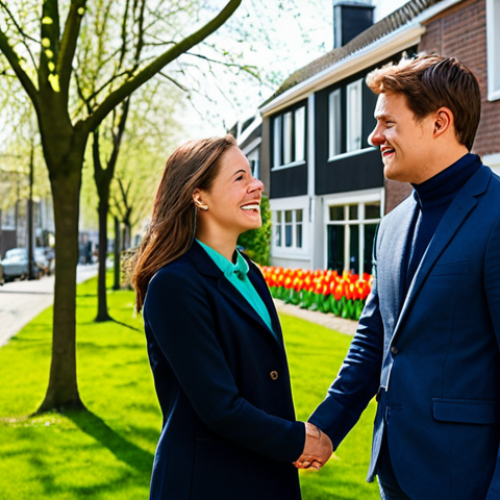 Home 11 A professional Dutch couple in modest business casual attire, standing on a charming, tree-lined street in a typical Dutch neighborhood during spring. Fresh green leaves on trees, vibrant spring flowers like tulips and daffodils blooming in well-maintained front gardens. Bright, natural daylight creating an optimistic atmosphere. The couple is looking towards a traditional Dutch house, exuding a sense of new beginnings and excitement. Perfect anatomy, correct proportions, natural pose, well-formed hands, proper finger count, natural body proportions, high-quality professional photography, realistic, detailed, fully clothed, modest clothing, appropriate attire, professional dress, safe for work, appropriate content, family-friendly.