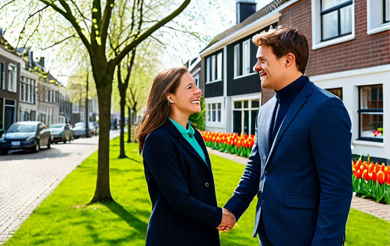 A professional Dutch couple in modest business casual attire, standing on a charming, tree-lined street in a typical Dutch neighborhood during spring. Fresh green leaves on trees, vibrant spring flowers like tulips and daffodils blooming in well-maintained front gardens. Bright, natural daylight creating an optimistic atmosphere. The couple is looking towards a traditional Dutch house, exuding a sense of new beginnings and excitement. Perfect anatomy, correct proportions, natural pose, well-formed hands, proper finger count, natural body proportions, high-quality professional photography, realistic, detailed, fully clothed, modest clothing, appropriate attire, professional dress, safe for work, appropriate content, family-friendly.