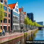 부동산 시장 사이클 분석을 위한 글로벌 사례 - A modern Dutch cityscape featuring high-rise residential buildings along a bustling canal, with cons...