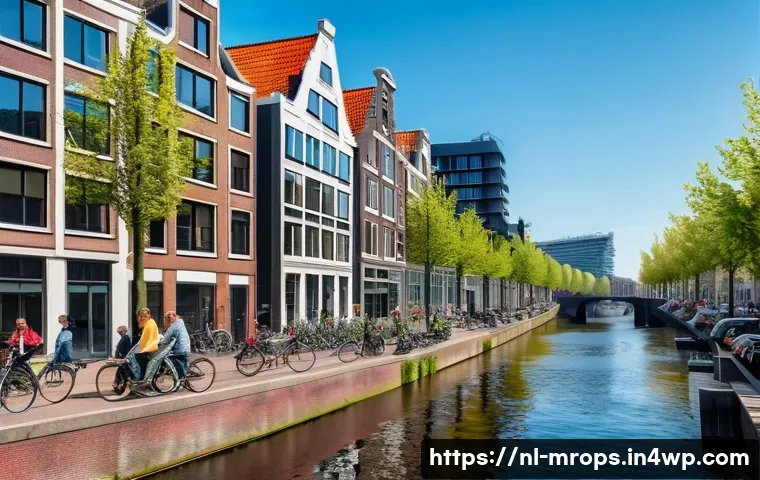 부동산 시장 사이클 분석을 위한 글로벌 사례 - A modern Dutch cityscape featuring high-rise residential buildings along a bustling canal, with cons...
