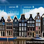 부동산 사이클 분석  전문가의 의견 - A detailed urban real estate market scene in Amsterdam, showcasing a row of traditional Dutch canal ...