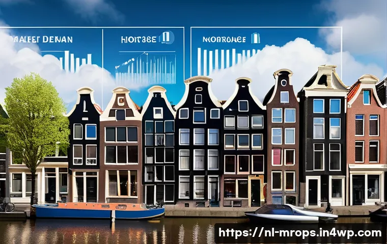 부동산 사이클 분석 전문가의 의견 - A detailed urban real estate market scene in Amsterdam, showcasing a row of traditional Dutch canal ...