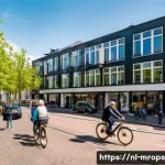 부동산 시장 사이클  초기 반등 신호 - A vibrant urban street scene in Amsterdam during daytime, featuring modern apartment buildings with ...