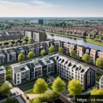 부동산 사이클 분석을 위한 경제학 이론 - A detailed aerial view of a bustling Dutch urban neighborhood showing a mix of modern apartment buil...