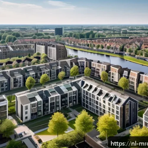 부동산 사이클 분석을 위한 경제학 이론 - A detailed aerial view of a bustling Dutch urban neighborhood showing a mix of modern apartment buil...