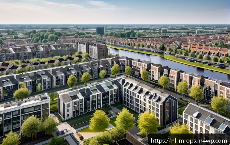 부동산 사이클 분석을 위한 경제학 이론 - A detailed aerial view of a bustling Dutch urban neighborhood showing a mix of modern apartment buil...