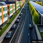 부동산 사이클의 경제적 파급효과 연구 - A vibrant urban Dutch neighborhood scene showcasing modern sustainable housing developments with sol...
